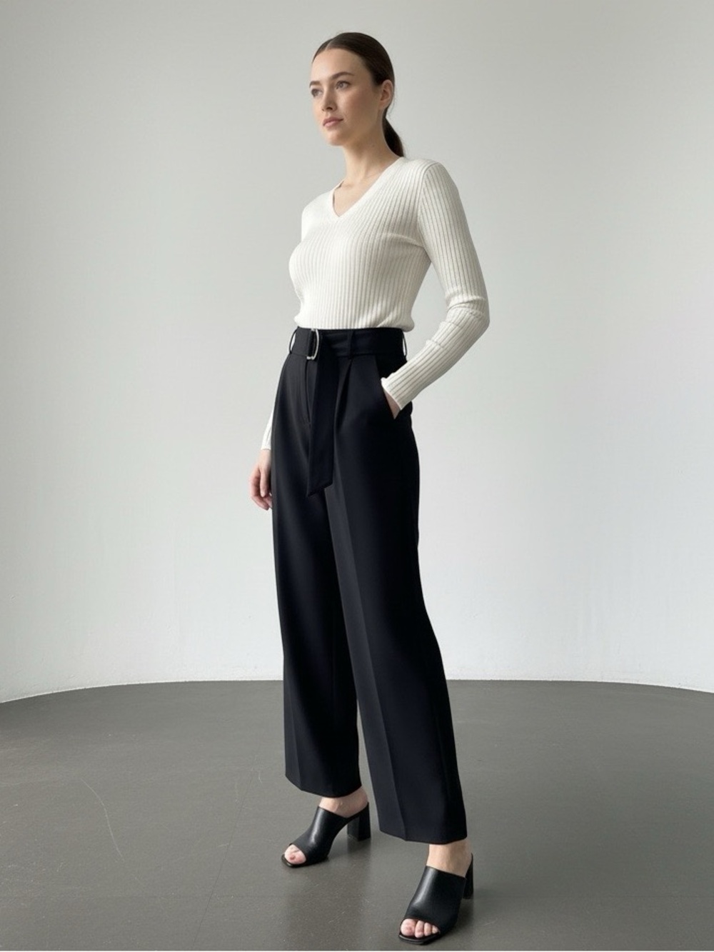 Vince Black Wide Leg Trousers Sz 8 Horn D-Ring Belt Detail - Picture 4 of 17